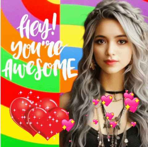 a picture of a woman with a rainbow background and the words hey you 're awesome