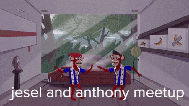 two cartoon monkeys are dancing in a room with the words jesel and anthony meetup below them
