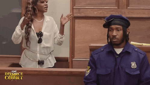a man in a police uniform stands in front of a woman in a white shirt with the words divorce court on the bottom