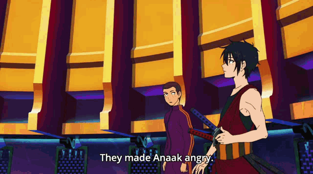 two anime characters are standing next to each other and they made anak angry