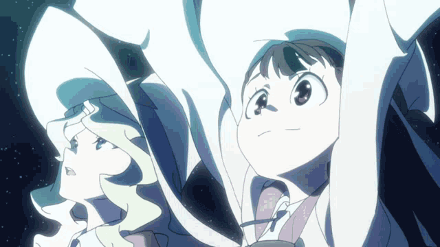 two anime characters are looking up at the sky with their arms in the air