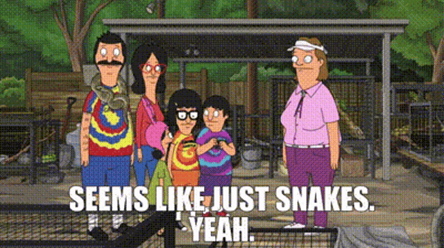 a family from bob 's burgers is standing next to each other on a tennis court .