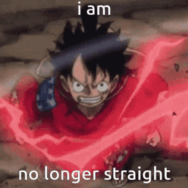 a picture of luffy from one piece with the words i am no longer straight below him