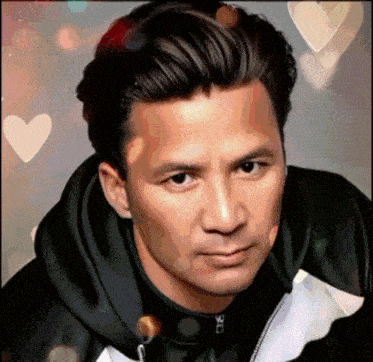 a close up of a man 's face with heart shaped hearts in the background