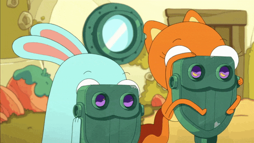 two cartoon characters looking through binoculars with purple eyes