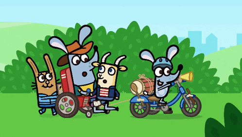a group of cartoon characters including a goat and a rabbit