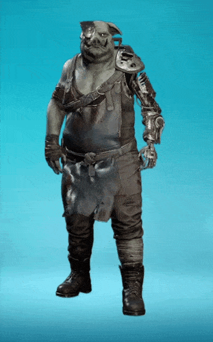 a man in a pig costume with a robot arm