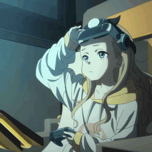 a girl wearing headphones and a virtual reality headset holds a game controller