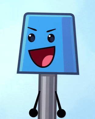 a cartoon drawing of a blue block with a face on it