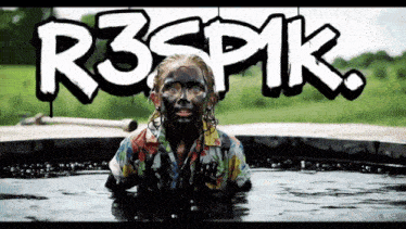 a girl with black paint on her face is in a pool of water with the words r3spik behind her