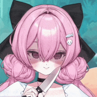 a girl with pink hair is holding a large knife in her hand