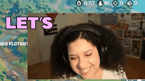 a woman wearing headphones is smiling in front of a screen that says let 's neo flotan1