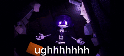 a cartoon character with purple hair is sitting on a desk with the words ughhhhhhhh written on the bottom
