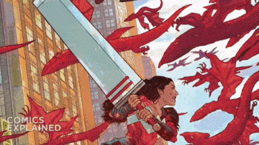 a comic book cover shows a woman holding a sword