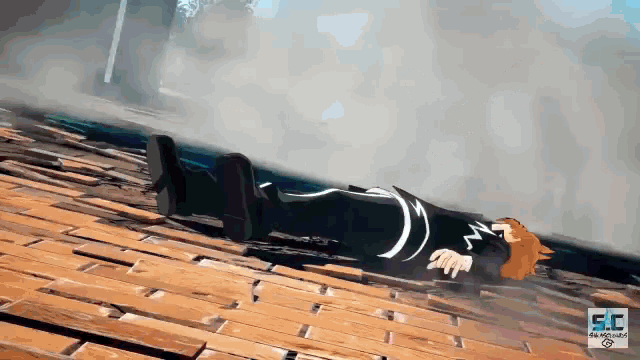 a cartoon character is laying on a brick floor with the letters sr on the bottom right