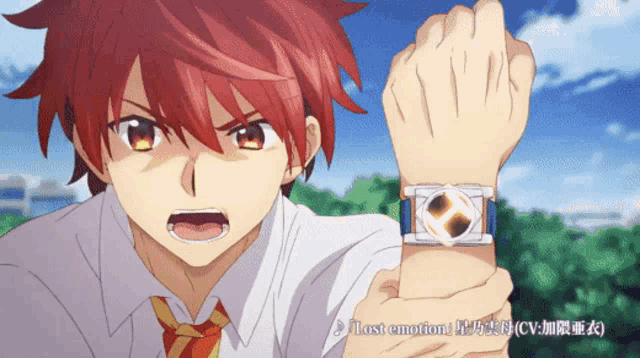 a boy with red hair and a watch on his wrist with the words lost emotion on the bottom
