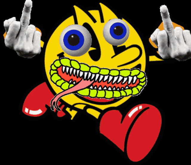 a pac man giving the middle finger with a tongue sticking out