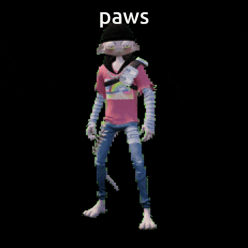 a cartoon character is dancing with the word paws behind him