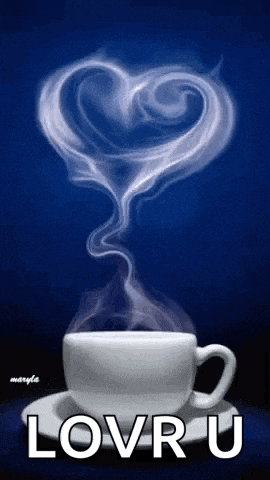 a cup of coffee with smoke coming out of it in the shape of a heart