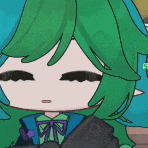 a cartoon character with green hair is holding a book