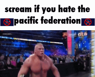 a man is screaming in front of a crowd with the words " scream if you hate the pacific federation " below him