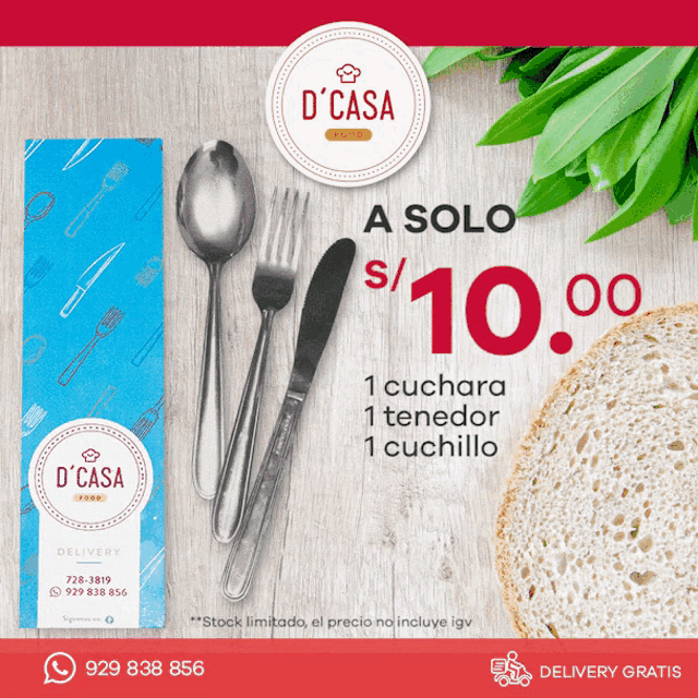 an advertisement for d ' casa shows a spoon fork knife and cuchillo