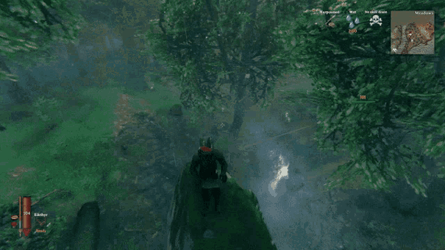 a screenshot of a video game shows trees and a map of the area