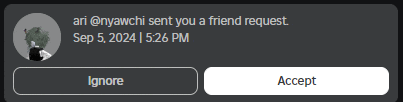 a notification that says ari @nyawchi sent you a friend request sep 5 2024 5:26 pm