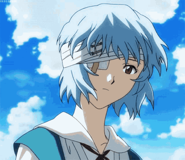 a blue haired anime girl with a bandage around her eye
