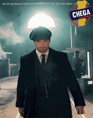 a man in a suit and tie is walking down a street with a sign that says " chega "