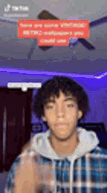 a young man in a plaid shirt is standing in a living room .