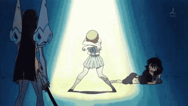 a cartoon of a girl with a sword and a girl laying on the ground with a tbs logo in the background