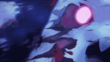 a close up of a person 's face with a pink light coming out of it