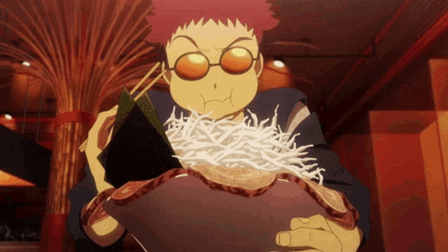 a man wearing sunglasses is eating noodles from a bowl