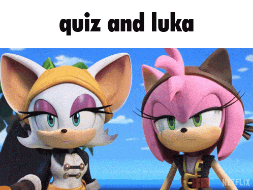 two cartoon characters are standing next to each other with the words quiz and luka below them