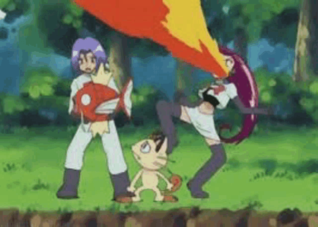 a group of cartoon characters standing next to each other in a field with a fireball coming out of their mouths .
