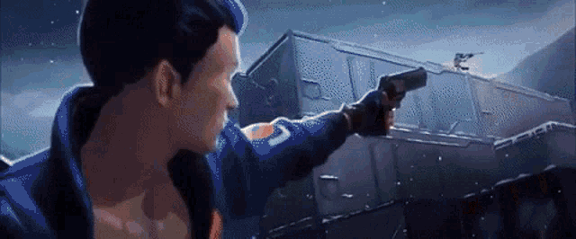 a man in a blue jacket is pointing a gun at a building in a video game .