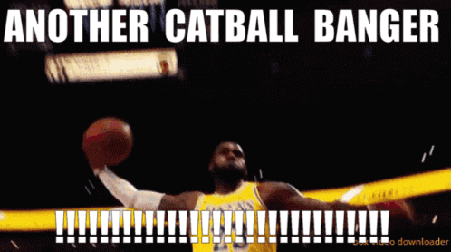 a basketball player is jumping in the air with another catball banger written above him