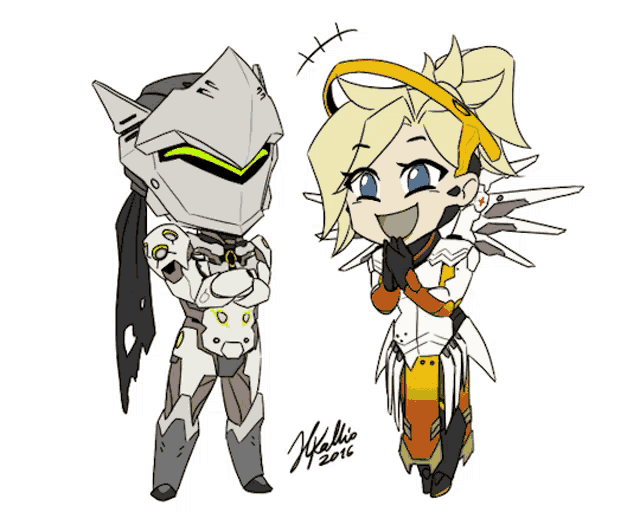a drawing of genji and mercy with the year 2016