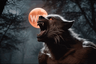 a werewolf with its mouth open looks up at the moon with the letter w on it