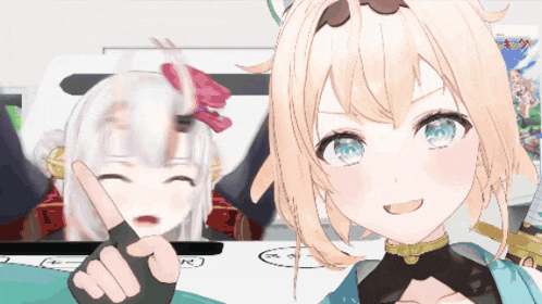two anime girls are standing next to each other and one of them is pointing at the camera