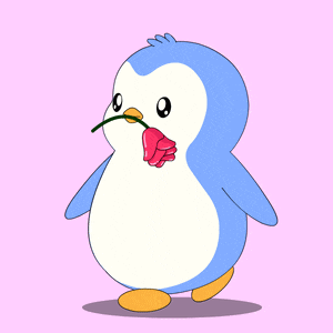 a penguin holding a red rose in its beak