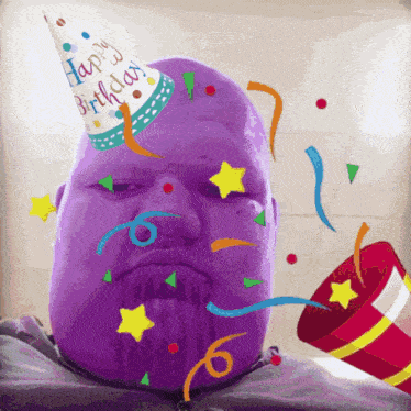 a purple man wearing a party hat that says " happy birthday "