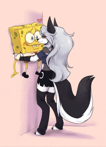 a cartoon drawing of spongebob and a wolf