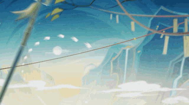 a cartoon drawing of a landscape with a blue sky and mountains