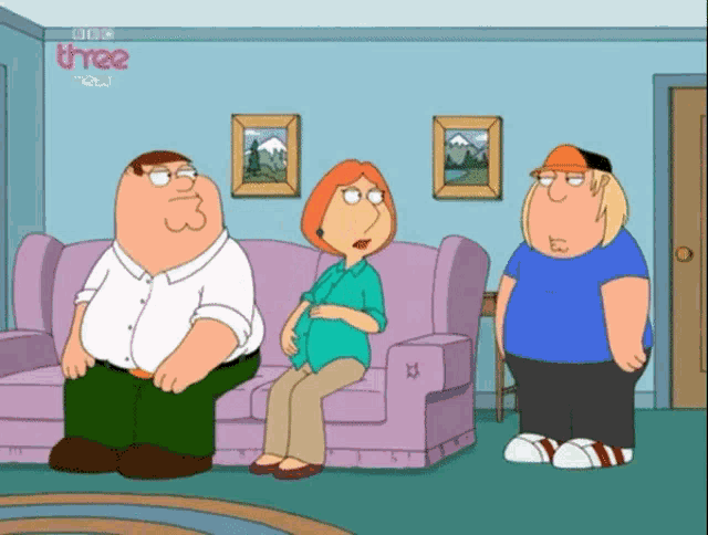 peter griffin lois griffin and gary griffin from family guy are sitting on a couch