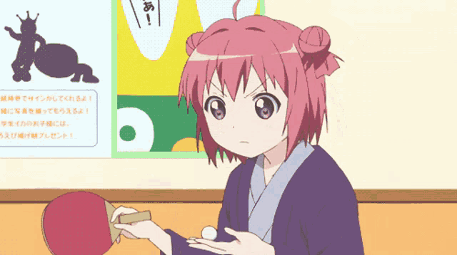 a girl with pink hair is playing ping pong in front of a sign