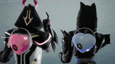 a screenshot of a video game shows two characters with hearts on their back