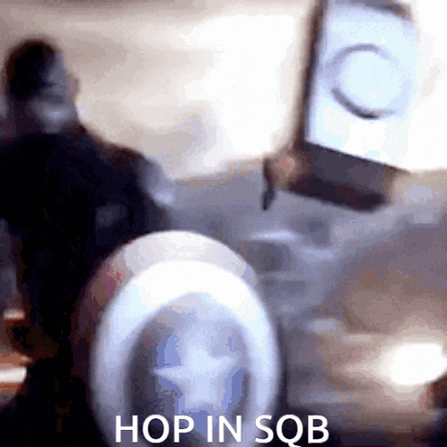 a blurred image of a person with the words hop in sqb on the bottom