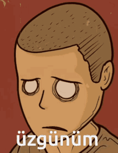 a cartoon drawing of a man with a shaved head and the words üzgünüm below him